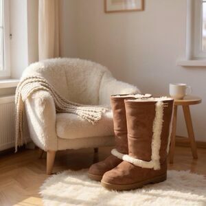 BearPaw Kendall Hickory Suede Tall Boots Sherpa Sheepskin Lining Size 10 Pull On